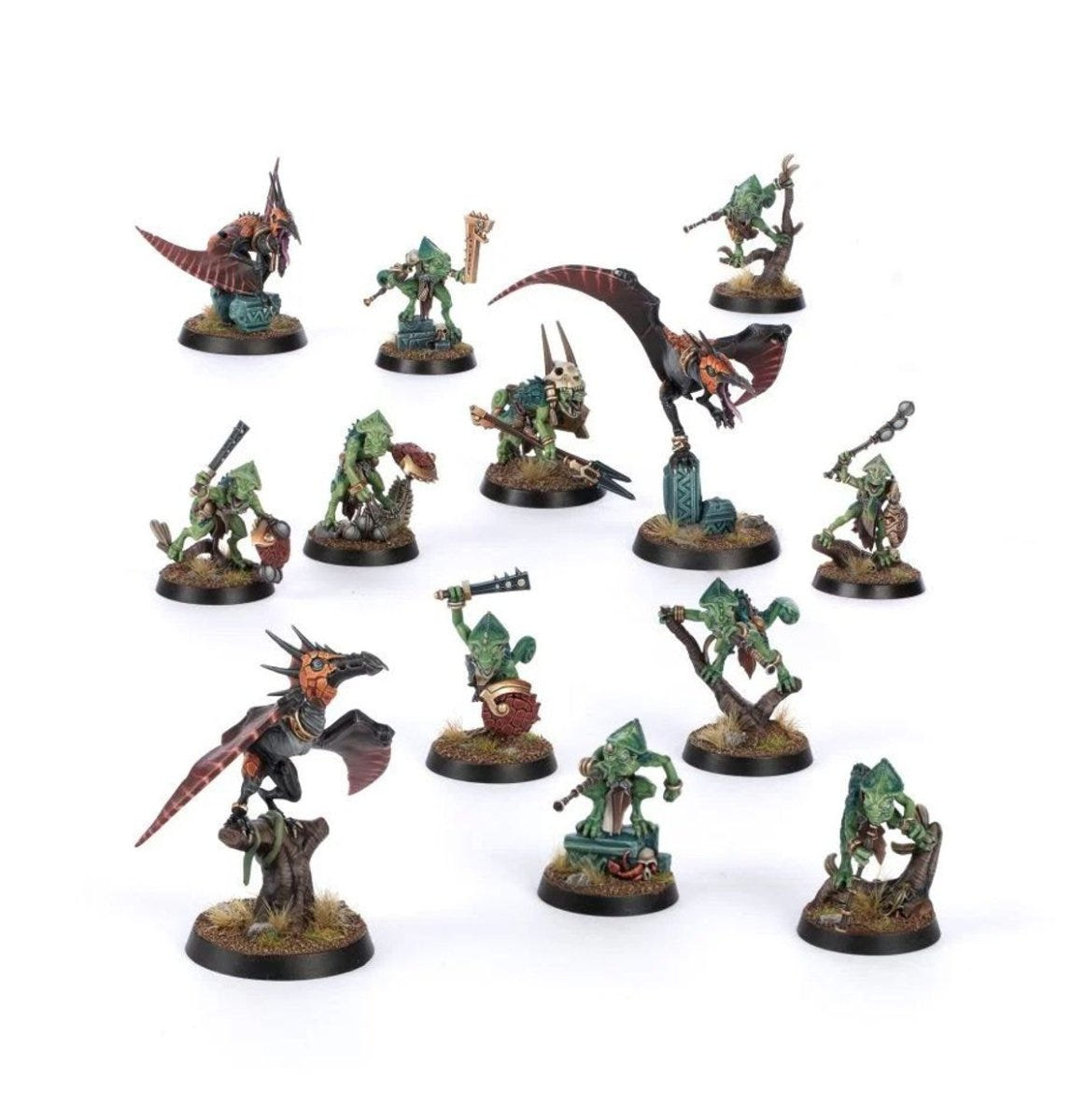 Painted Seraphon Skinks and winged reptile riders in green and red scales