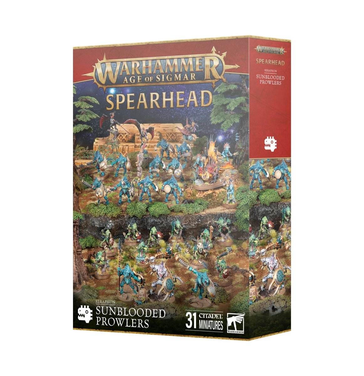 Games Workshop Age of Sigmar Spearhead: Seraphon Sunblooded Prowlers box front, 31 miniatures