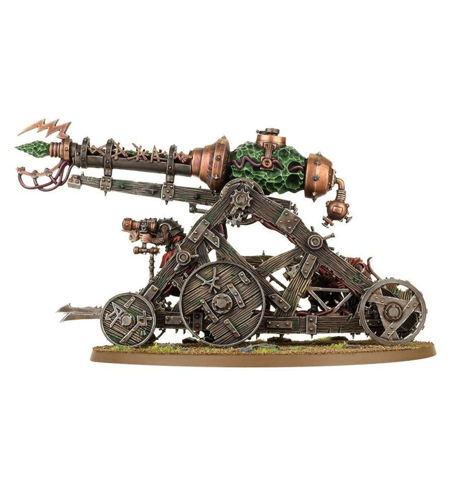 Painted Skaven Warp Lightning Cannon on its wooden wheeled carriage with ratmen crew, side view