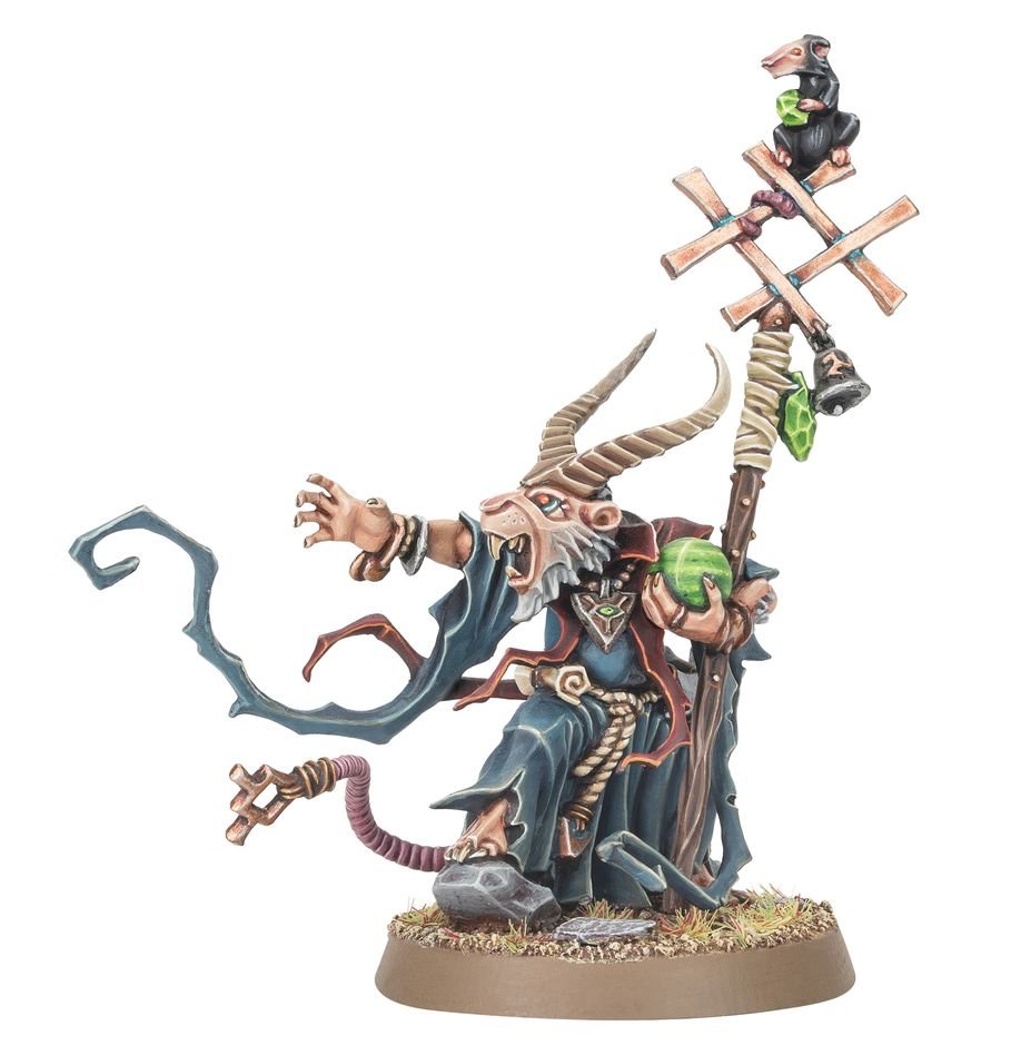 Painted Skaven Grey Seer in blue robes with horned head, ratty staff and glowing warpstone, front view