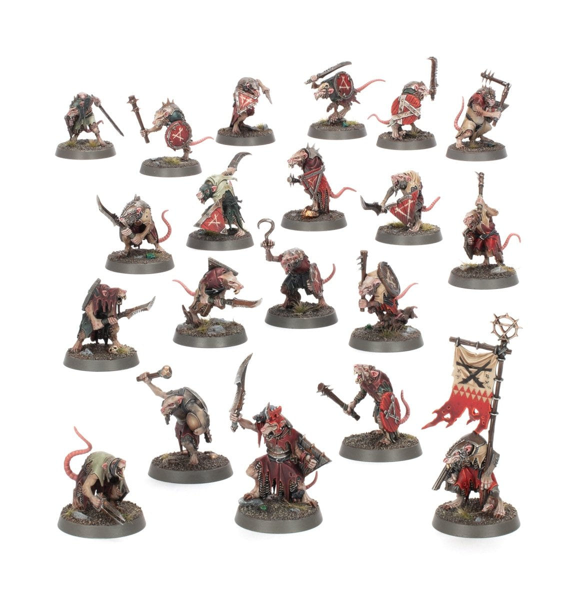 Twenty painted Skaven Clanrats with spears, blades, shields and a banner from Spearhead: Skaven