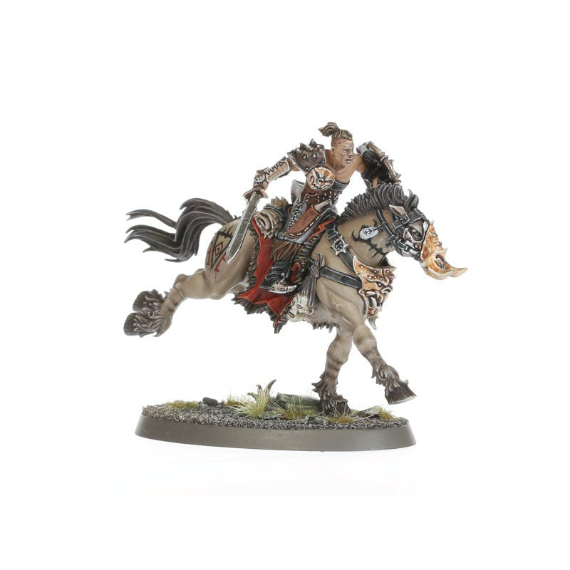 Painted Darkoath Raiders mounted barbarian on a galloping pale horse, side view