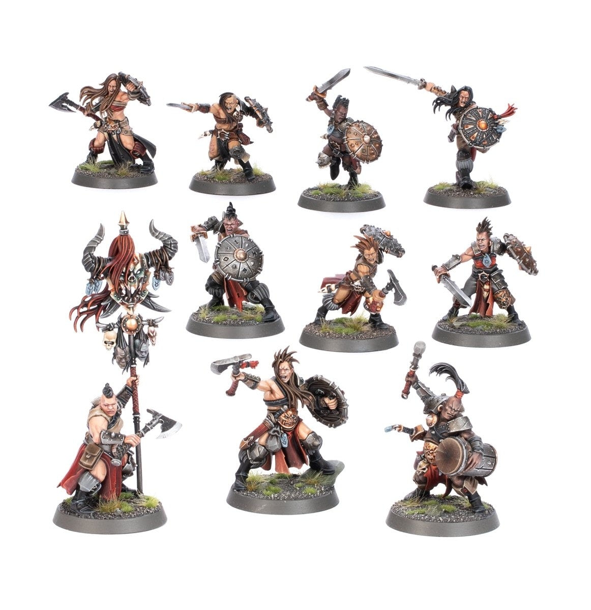 Painted Darkoath Raiders warband of axe and shield warriors led by a standard bearer