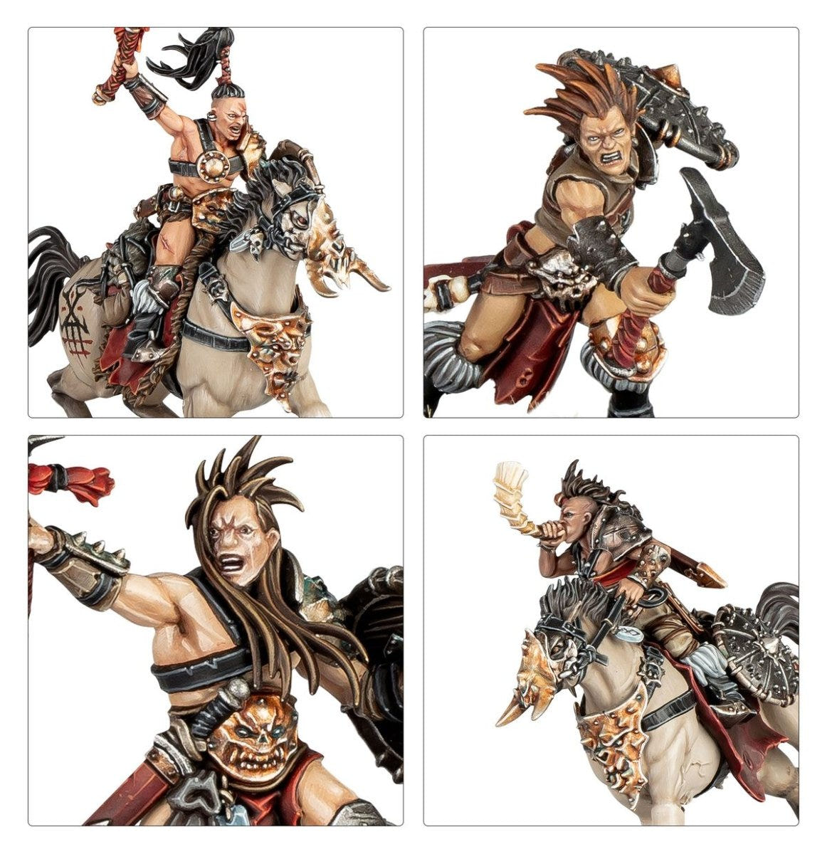 Darkoath Raiders close-ups of painted barbarian faces, a mounted rider and an axe-wielding warrior