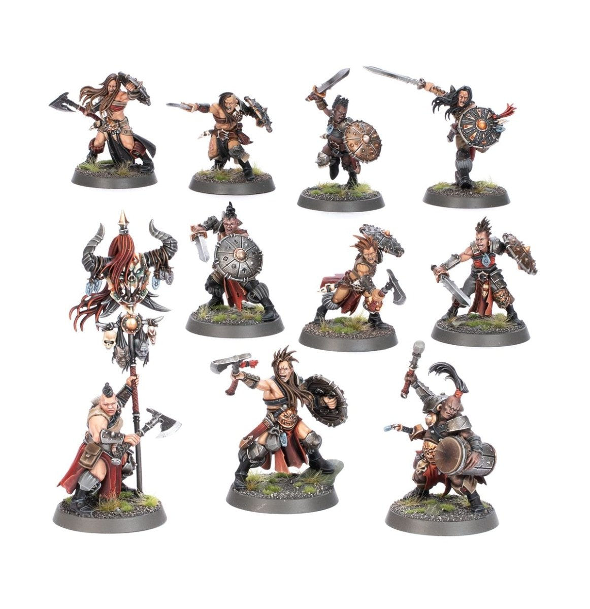 Darkoath Raiders painted barbarian warriors with axes and shields, plus a leader carrying a horned standard