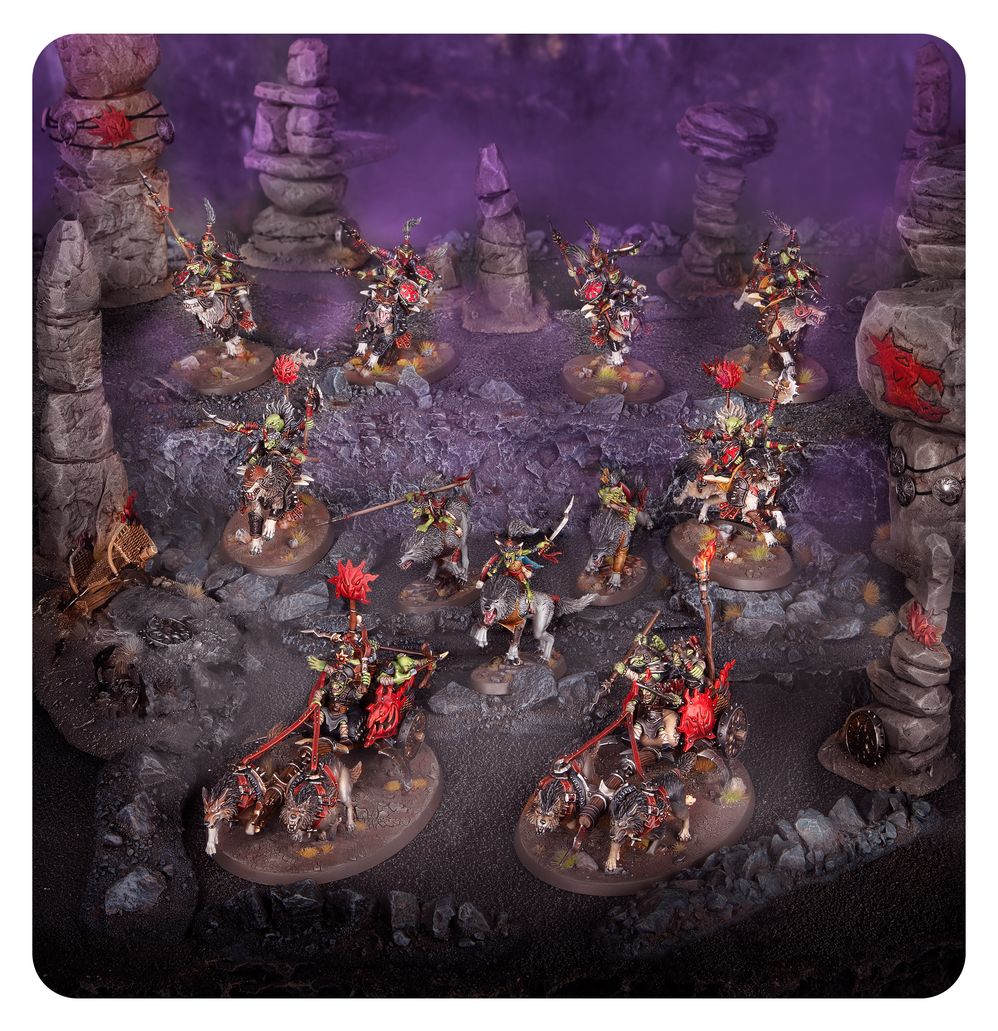 Snarlpack Huntaz army arrayed across a purple-lit cavern battlefield, Gloomspite Gitz