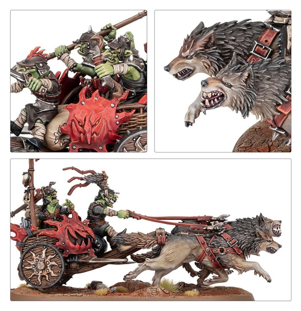 Detail shots of a Gloomspite Gitz wolf chariot: grot crew, red wheel and wolf team