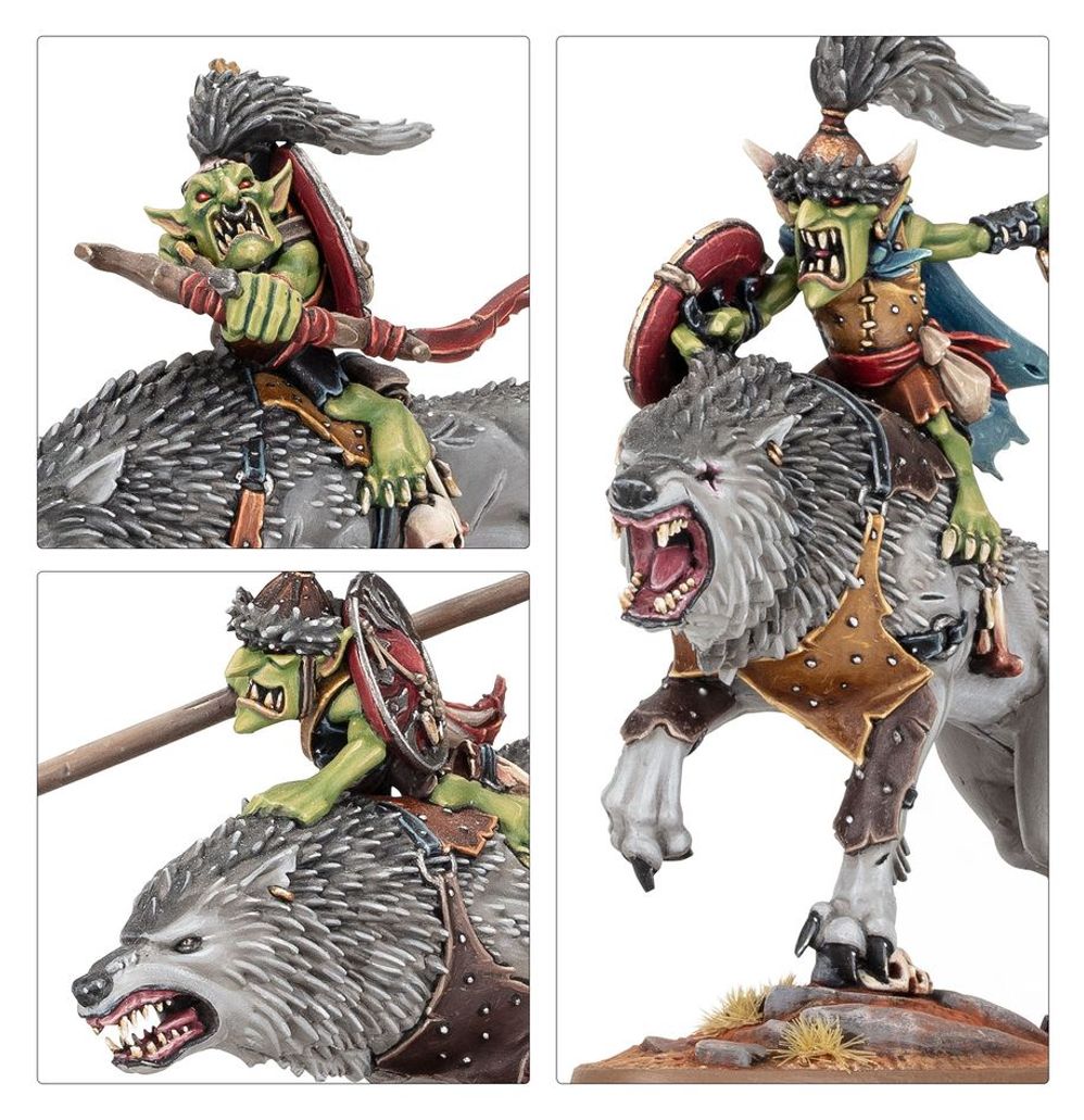 Close-ups of painted grot wolf riders: hooded grot, spear and roaring wolf heads