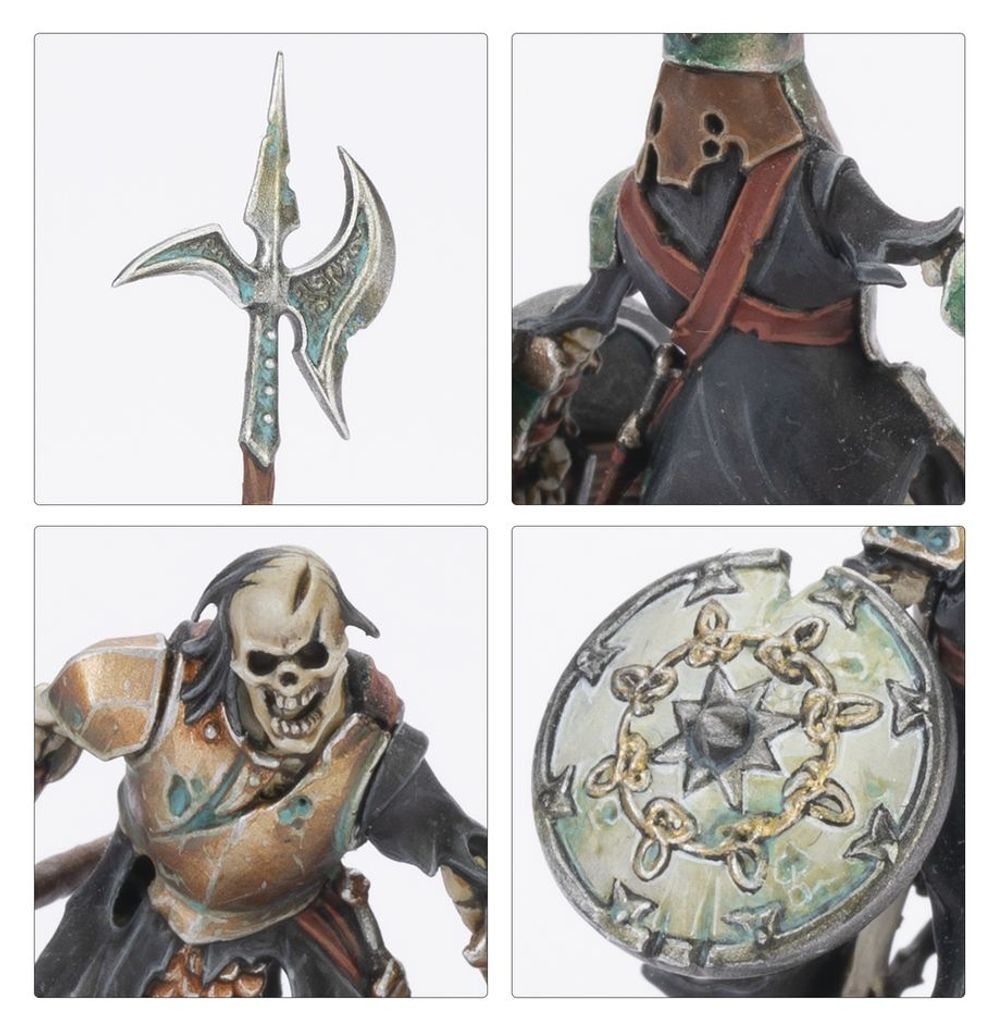 Close-ups of Deathrattle skeleton infantry: halberd head, hooded skull, grinning skull and round shield