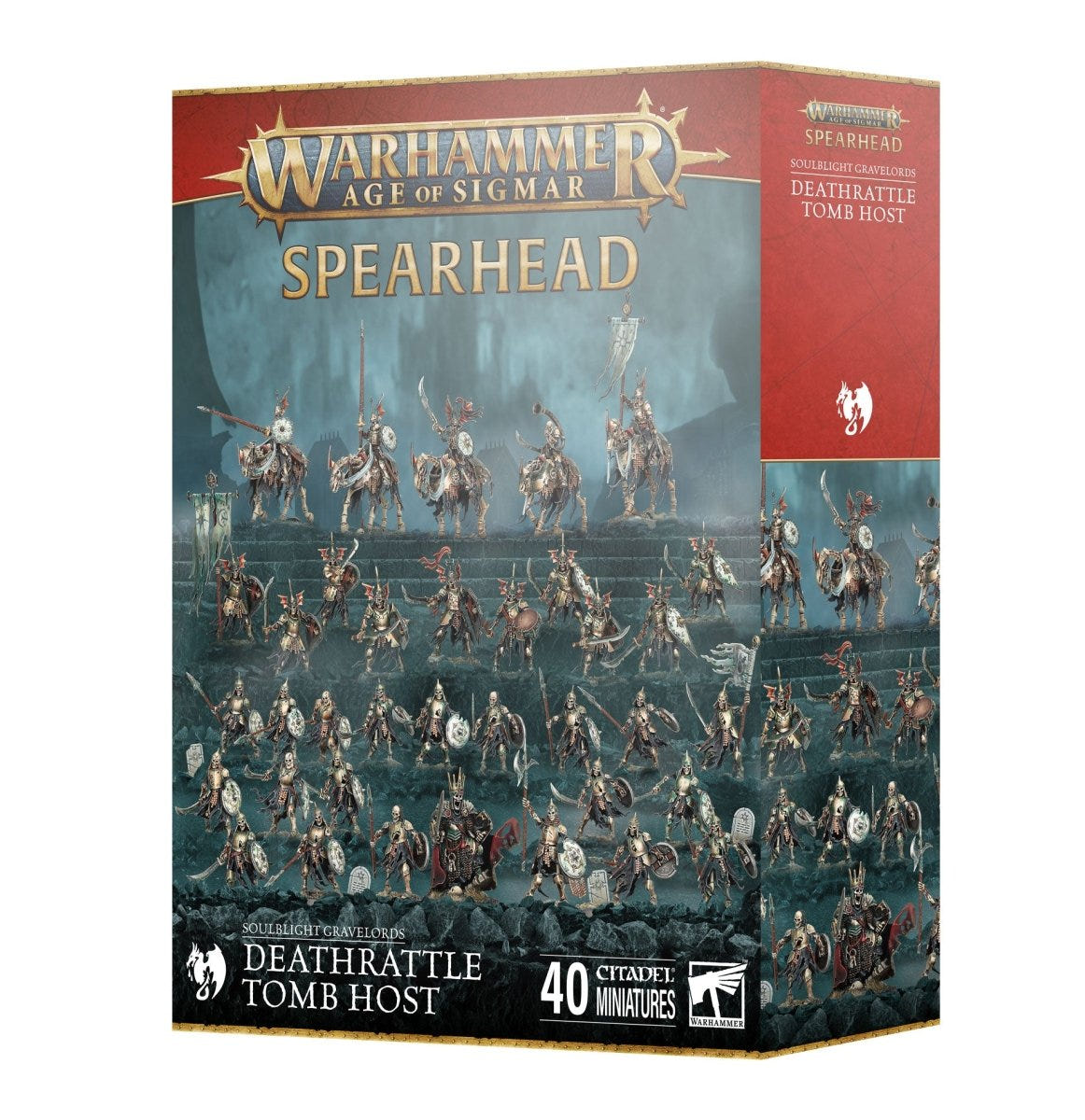 Age of Sigmar Spearhead: Soulblight Gravelords Deathrattle Tomb Host box front showing 40 skeleton models