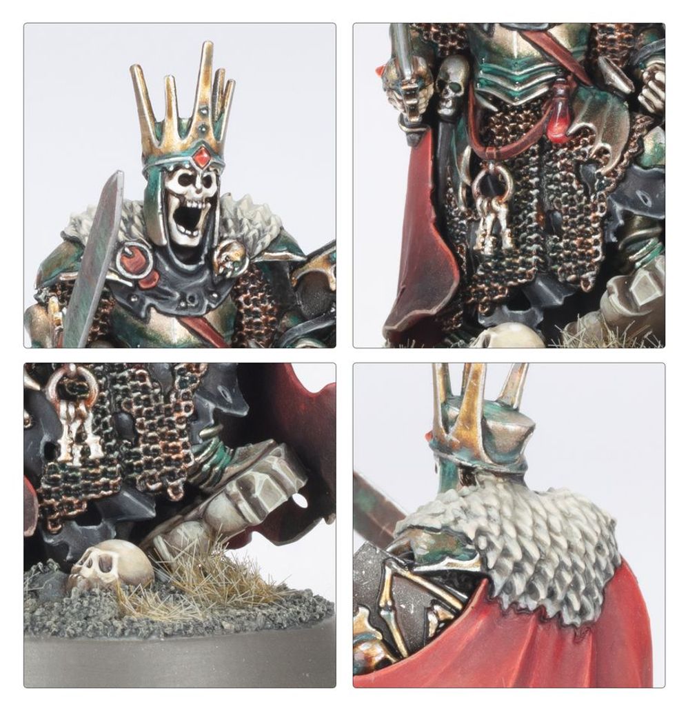 Close-ups of the painted crowned skeleton leader: screaming skull face, chainmail, keys and fur mantle