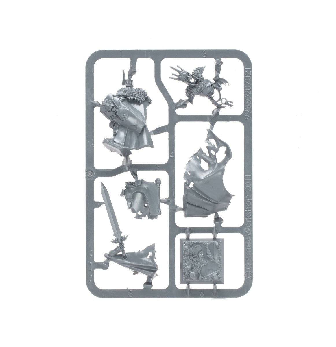 Spearhead: Deathrattle Tomb Host unpainted plastic sprue, frame 1 of 9, with the crowned leader parts