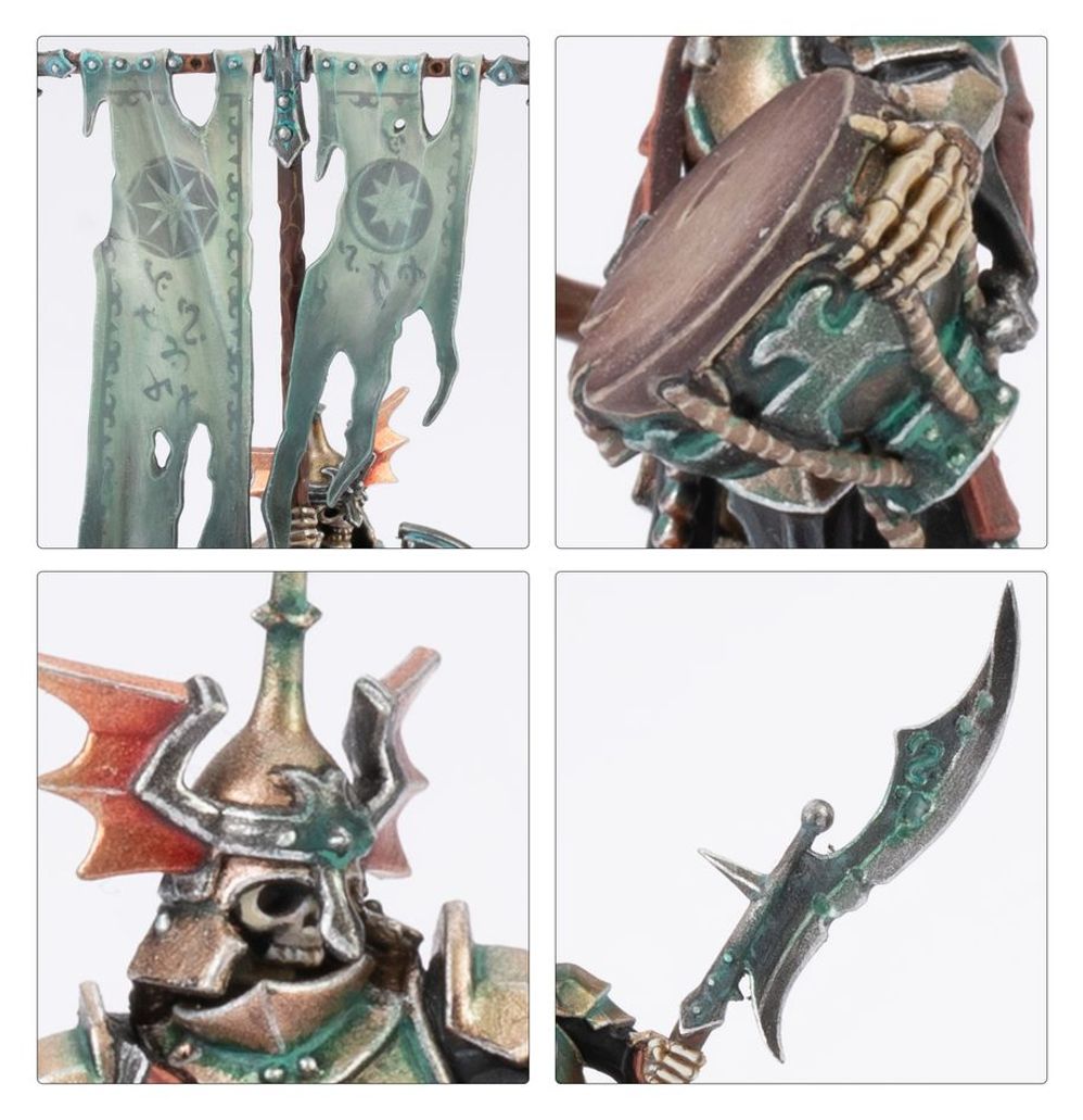 Close-ups of Deathrattle details: pale green banner, drum-like shield, finned helm and curved glaive