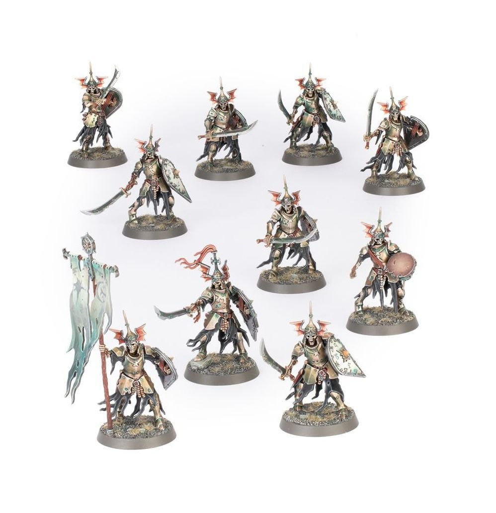 Ten painted armoured skeleton warriors with great weapons and a banner from the Deathrattle Tomb Host