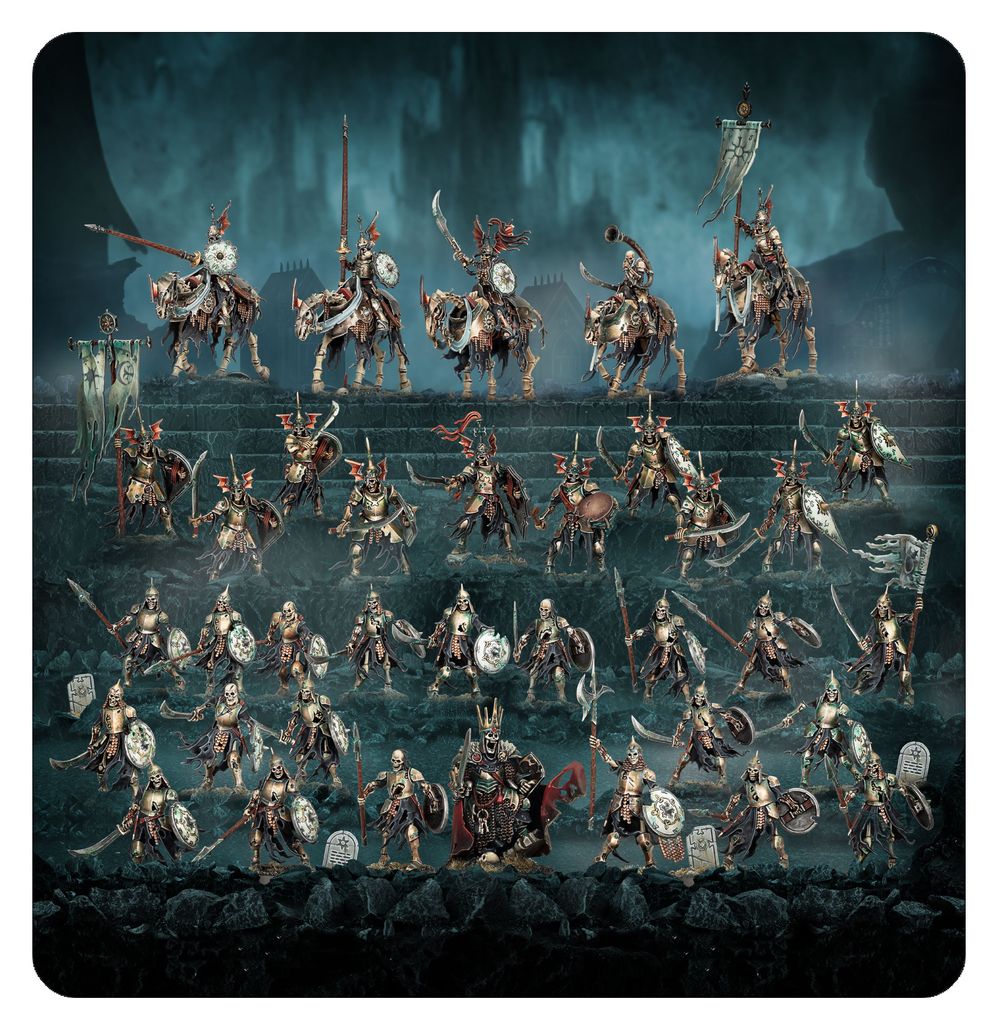 Painted Deathrattle Tomb Host army arrayed on a dark battlefield, Warhammer Age of Sigmar