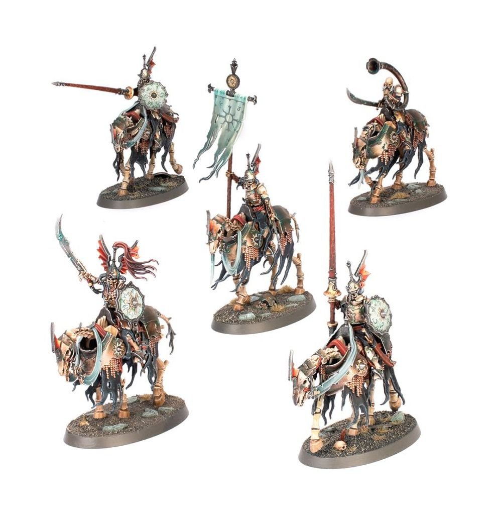 Five painted skeletal cavalry riders on undead steeds with lances, banner and horn, Soulblight Gravelords