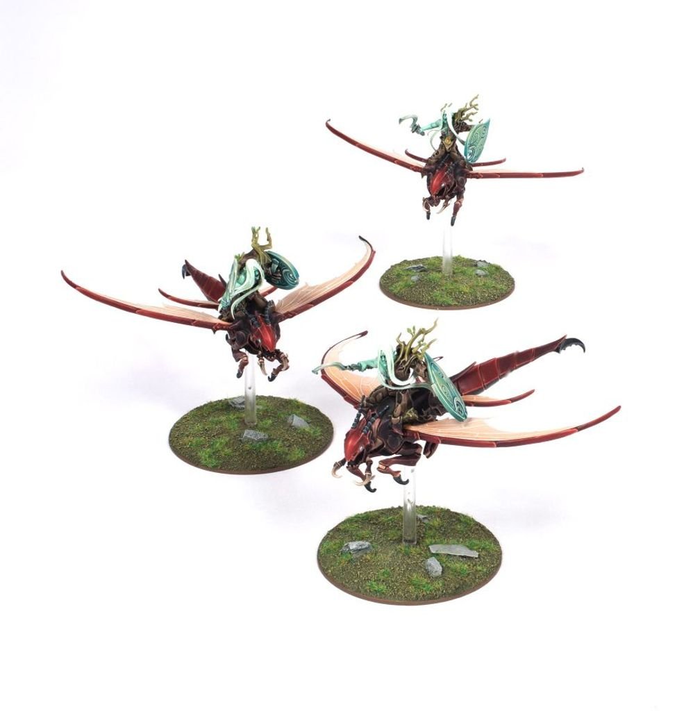 Three painted Sylvaneth riders on red winged beasts, from Spearhead Spitewing Flight
