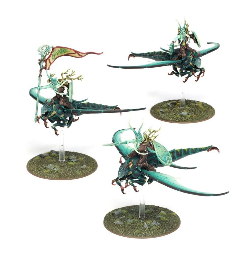 Three painted Sylvaneth riders on teal flying beasts with a banner, Spitewing Flight