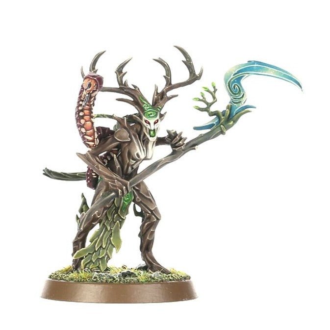 Painted Sylvaneth warrior with curved spirit blade and antlered head, from Spearhead: Sylvaneth