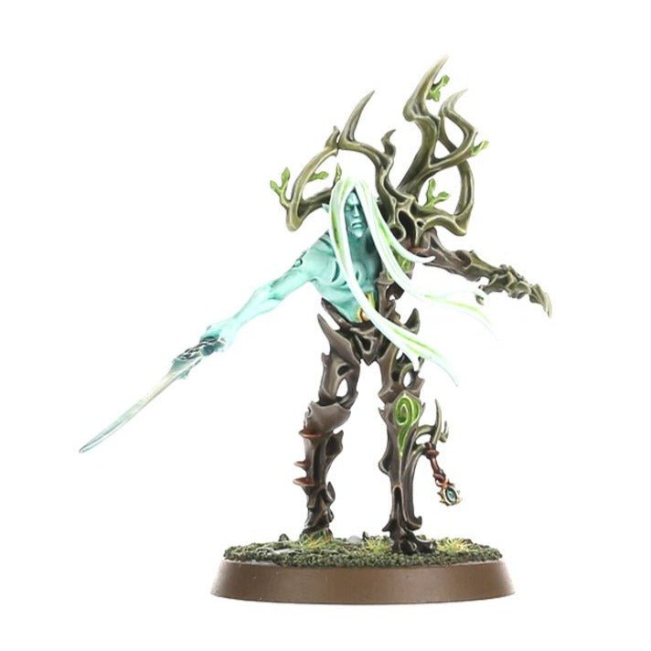 Painted Sylvaneth spirit with glowing pale green blades and twisted wooden limbs