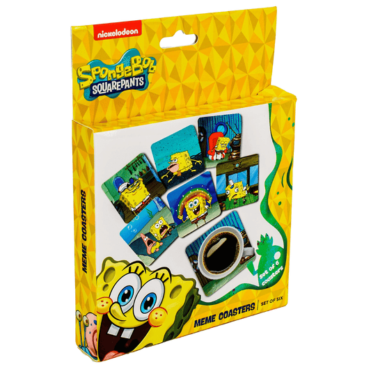 Set of six SpongeBob SquarePants cork-backed coasters featuring popular memes