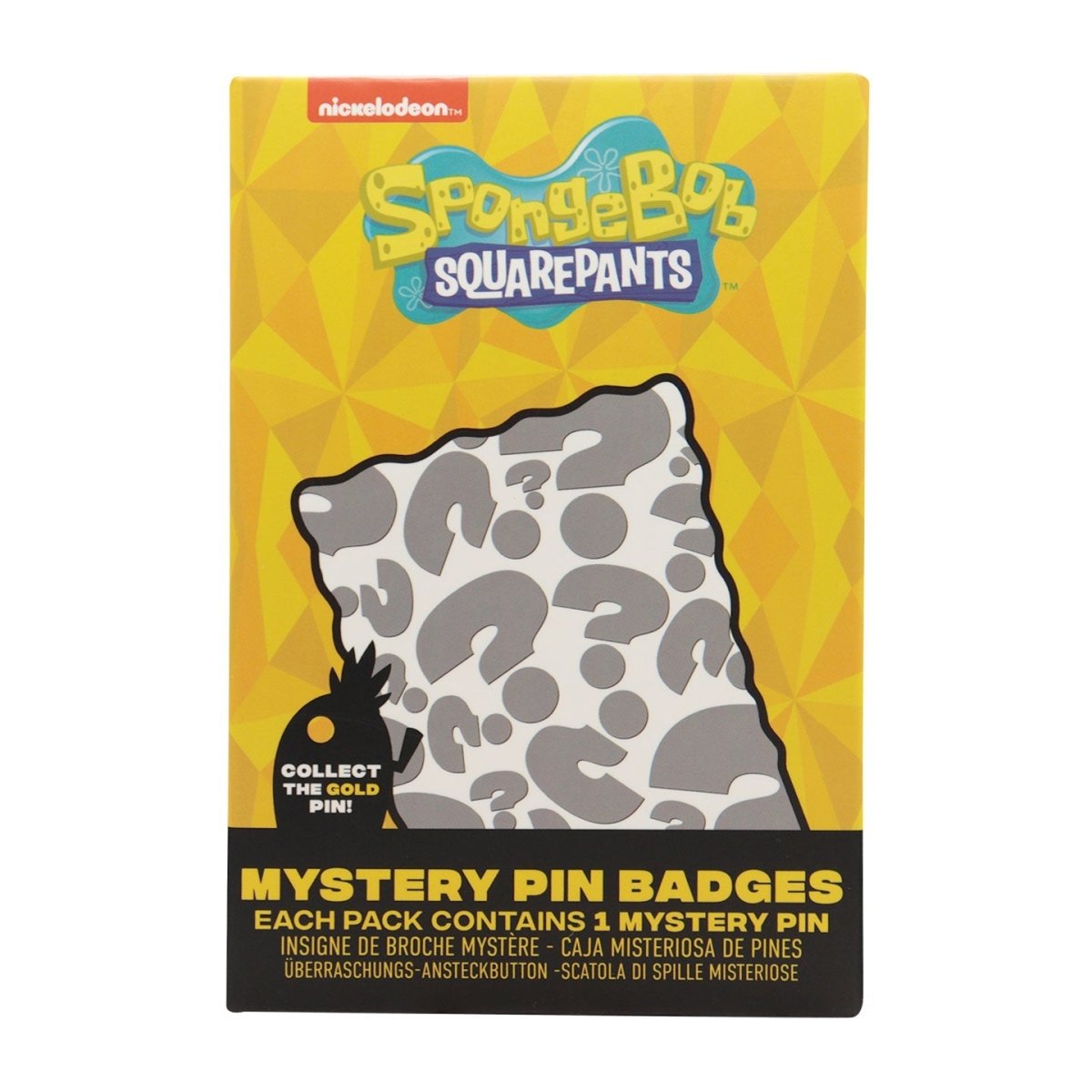 SpongeBob SquarePants Mystery Pin Badges box, straight-on front view