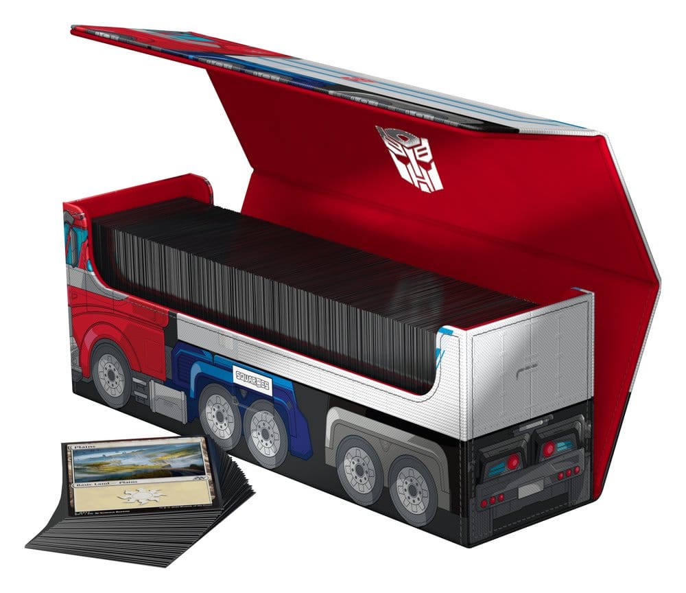 Squaroes Collectors Case 400 Transformers Optimus Prime truck, open and filled with cards, card stack beside