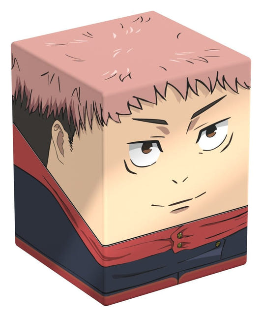 Squaroes Jujutsu Kaisen Yuji Itadori deck box, pink hair and red-hooded uniform, front corner view angled left