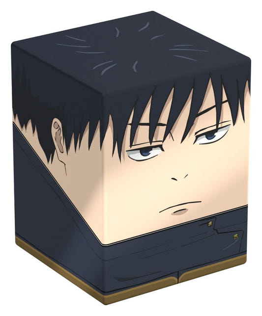 Squaroes Jujutsu Kaisen Megumi Fushiguro deck box, spiky black hair and dark uniform, front corner view angled left