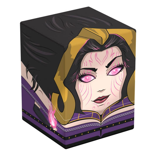 Squaroes Magic: The Gathering Liliana deck box, black hair, gold hood and glowing pink eyes, front corner view angled left