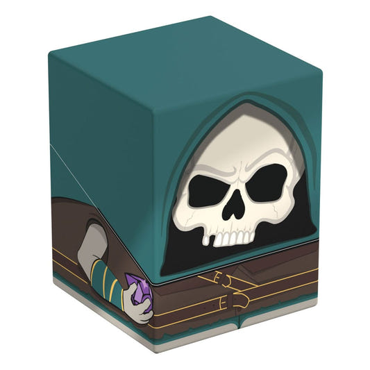 Squaroes Magic: The Gathering Tinybones deck box, skull face in a teal hood, front corner view angled left