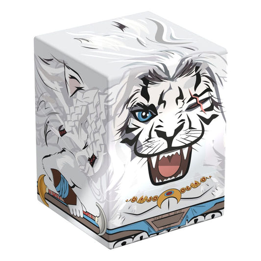 Squaroes Magic: The Gathering Ajani deck box, white lion face with scarred eye, front corner view angled left