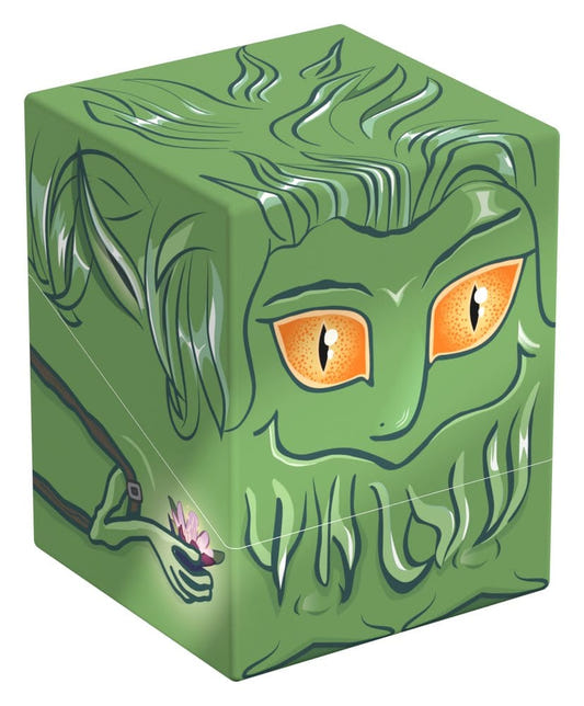 Squaroes Magic: The Gathering Changeling deck box, green leafy face and orange eyes, front corner view angled left