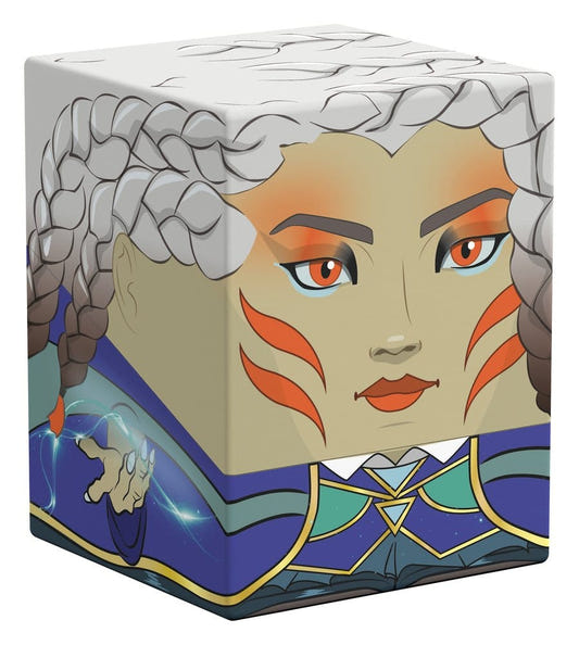 Squaroes Magic: The Gathering Tam deck box, silver braids and orange face markings, front corner view angled left