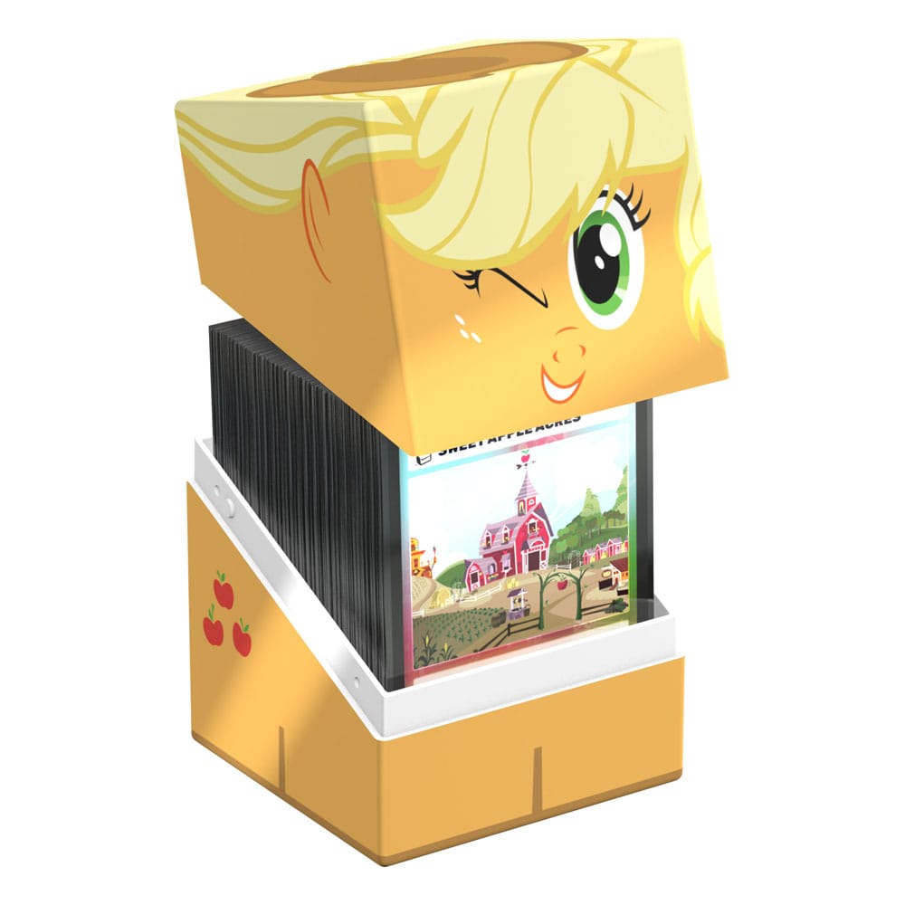 Squaroes My Little Pony Apple Jack deck box, lid lifted with sleeved cards inside, artwork card at the front