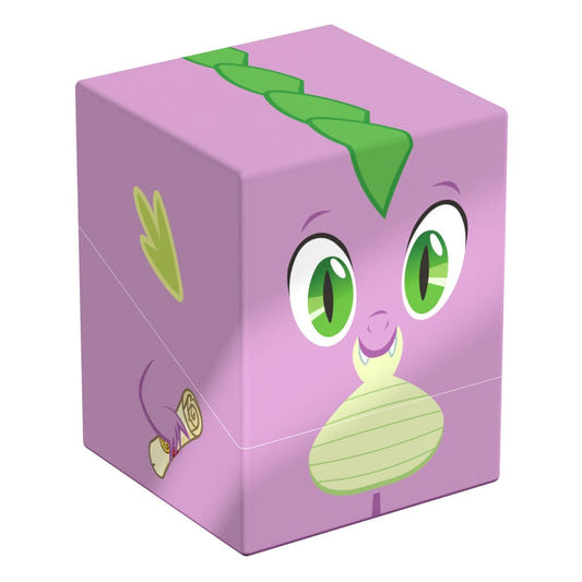 Squaroes My Little Pony Spike deck box, purple dragon face and green spines, front corner view angled left