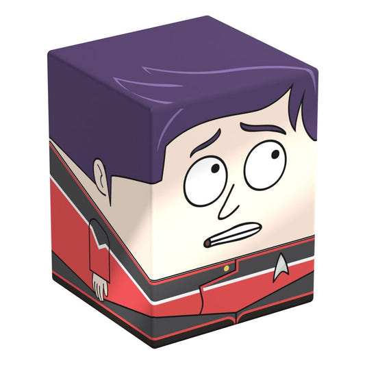 Squaroes Star Trek: Lower Decks Brad Boimler ST002 card box, front and left side view with worried face and red uniform