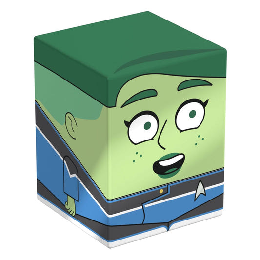 Squaroes Star Trek: Lower Decks D'Vana Tendi ST003 card box, front and left side view with green face and blue uniform