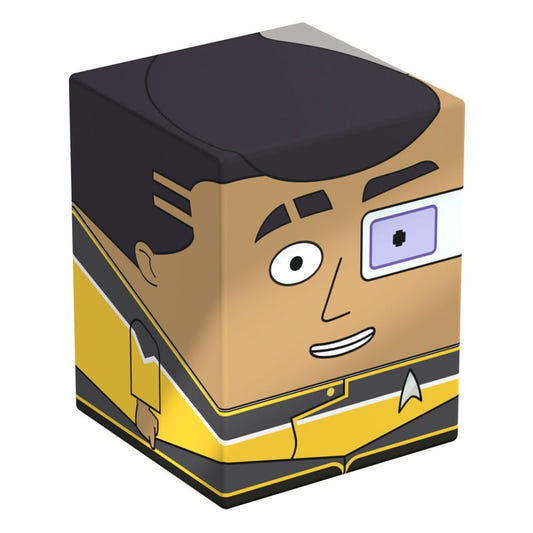Squaroes Star Trek: Lower Decks Sam Rutherford ST004 card box, front and left side view with cybernetic eye and gold uniform