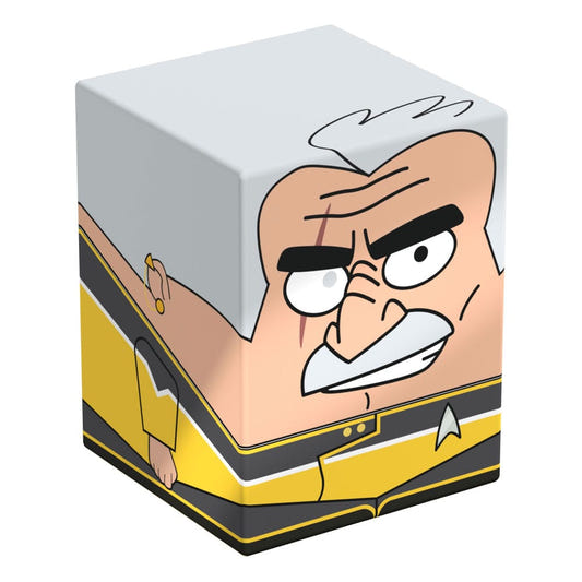 Squaroes Star Trek: Lower Decks Shaxs ST008 card box, front and left side view with scarred face and gold uniform