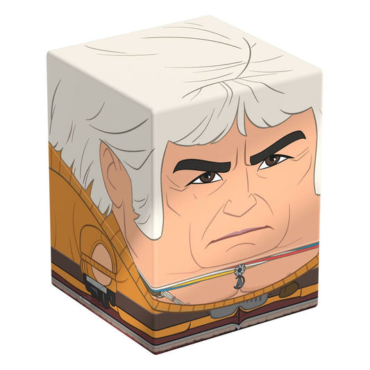 Squaroes Star Trek Khan ST016 card box, front and left side view with white hair and orange tunic