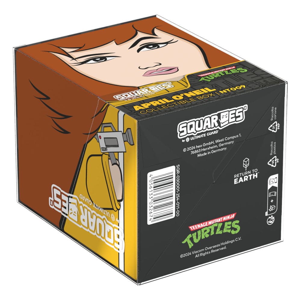 Squaroes TMNT April NT009 card box, in retail packaging on its side, base label with barcode