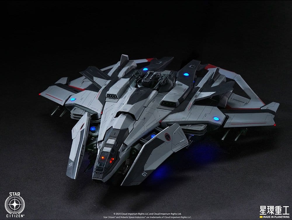 Star Citizen Anvil F8C Lightning finished model with blue lights on a dark background