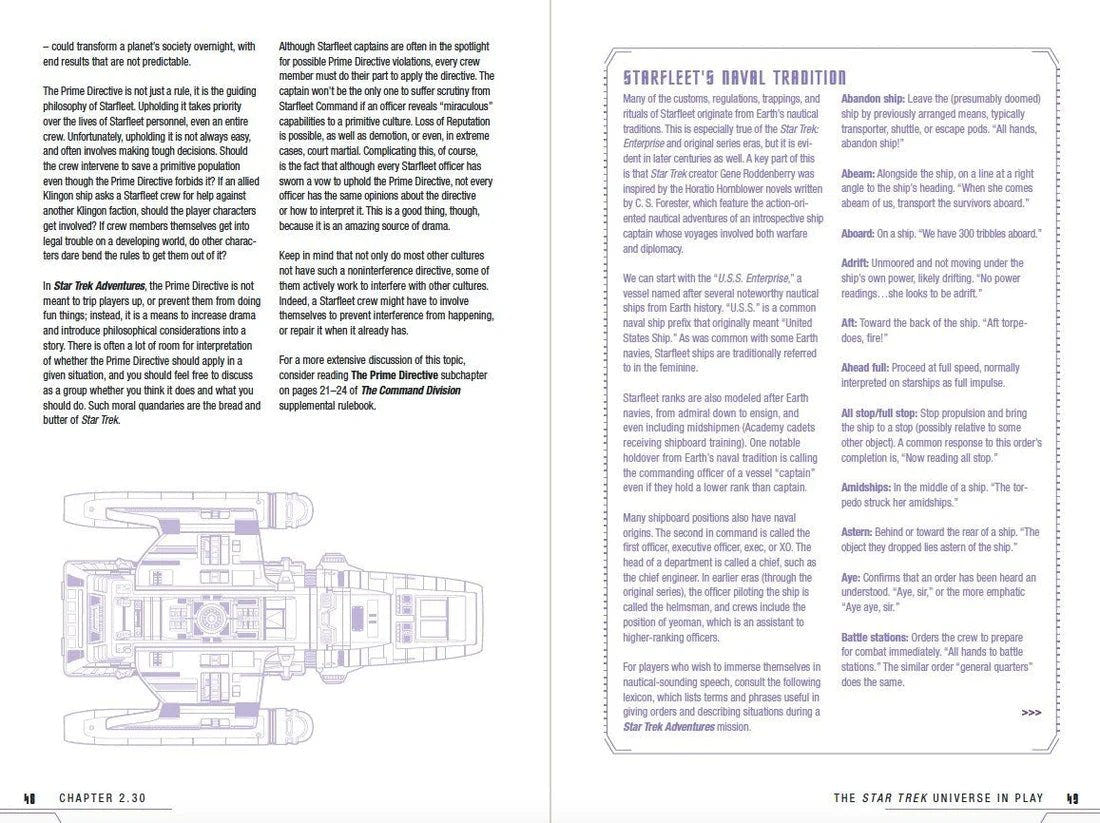 Star Trek Adventures Player's Guide inside spread with a starship schematic and a sidebar
