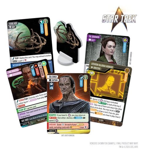 Star Trek Captain's Chair Duty and Honor card game, station, grey-skinned alien and ally cards with token
