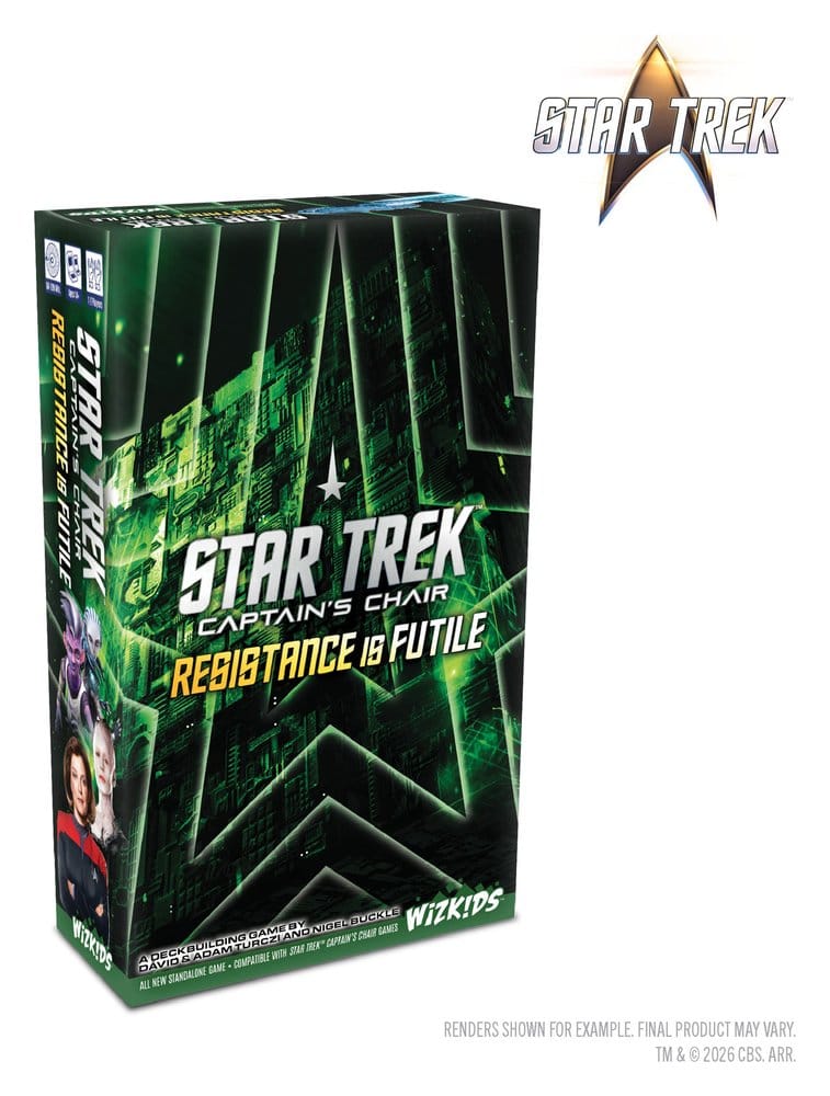 Star Trek Captain's Chair Resistance is Futile card game, box at an angle with Star Trek logo
