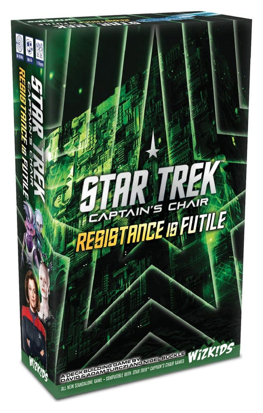 Star Trek Captain's Chair Resistance is Futile card game, box front close-up