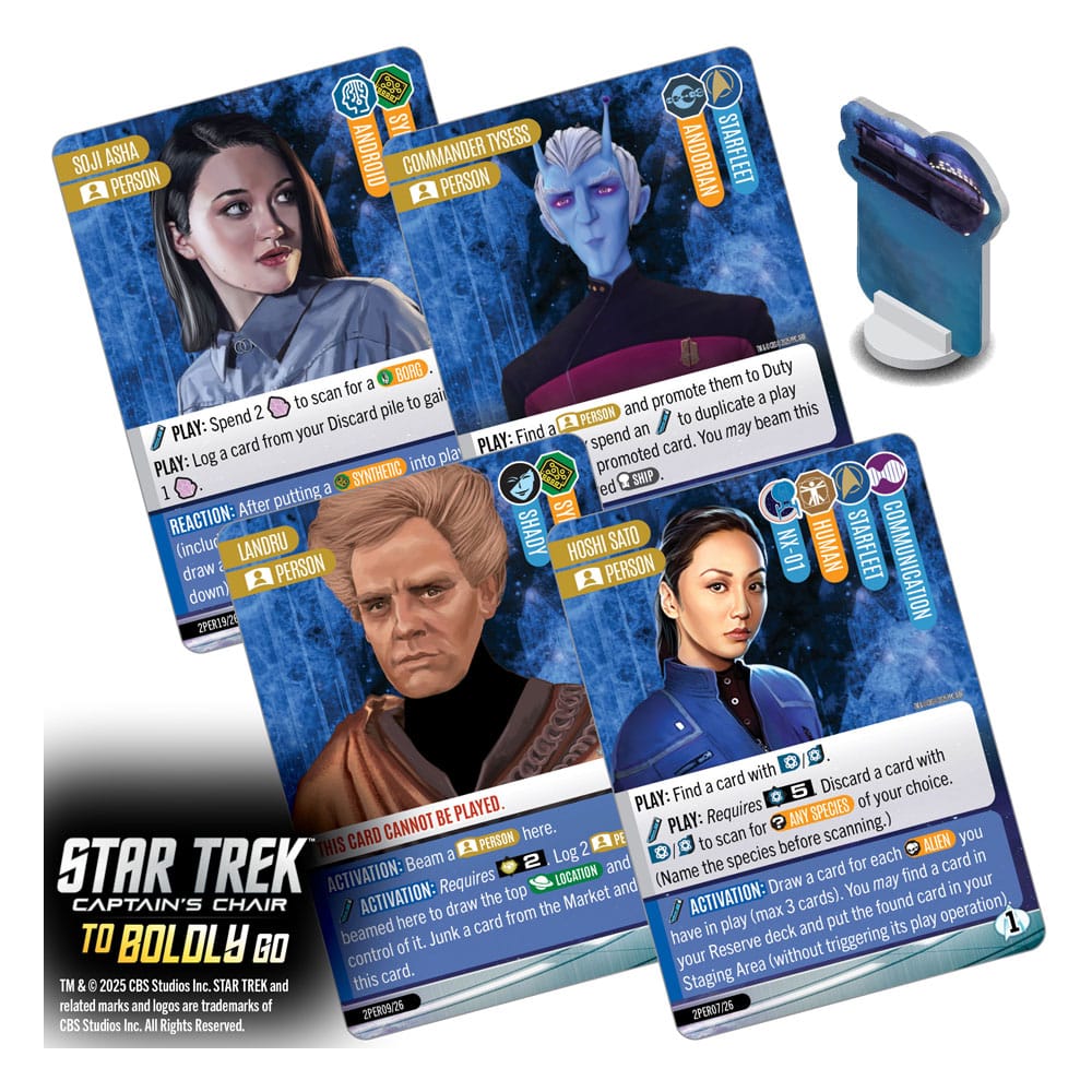 Star Trek Captain's Chair To Boldly Go card game, four blue crew cards with ship token