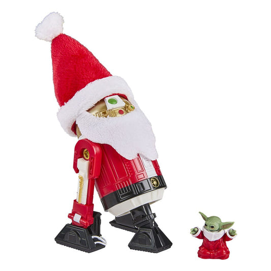 Hasbro Star Wars Black Series holiday edition astromech droid in Santa hat and beard with tiny Grogu