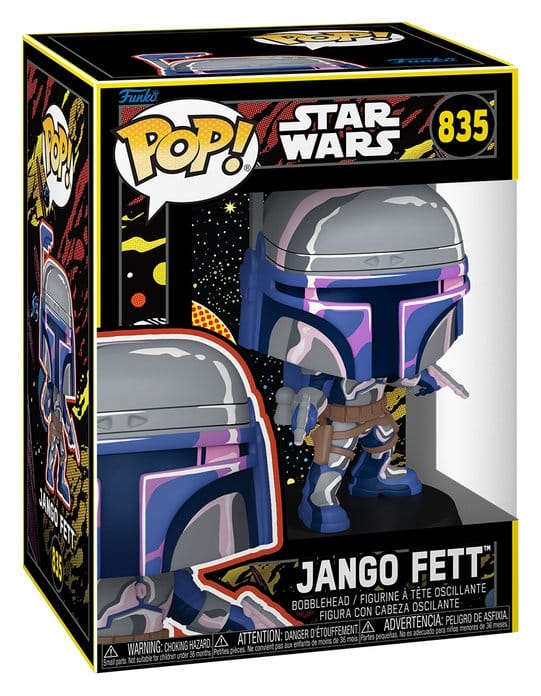 Jango Fett Funko POP! bobblehead in its black retro-style Star Wars window box, number 835